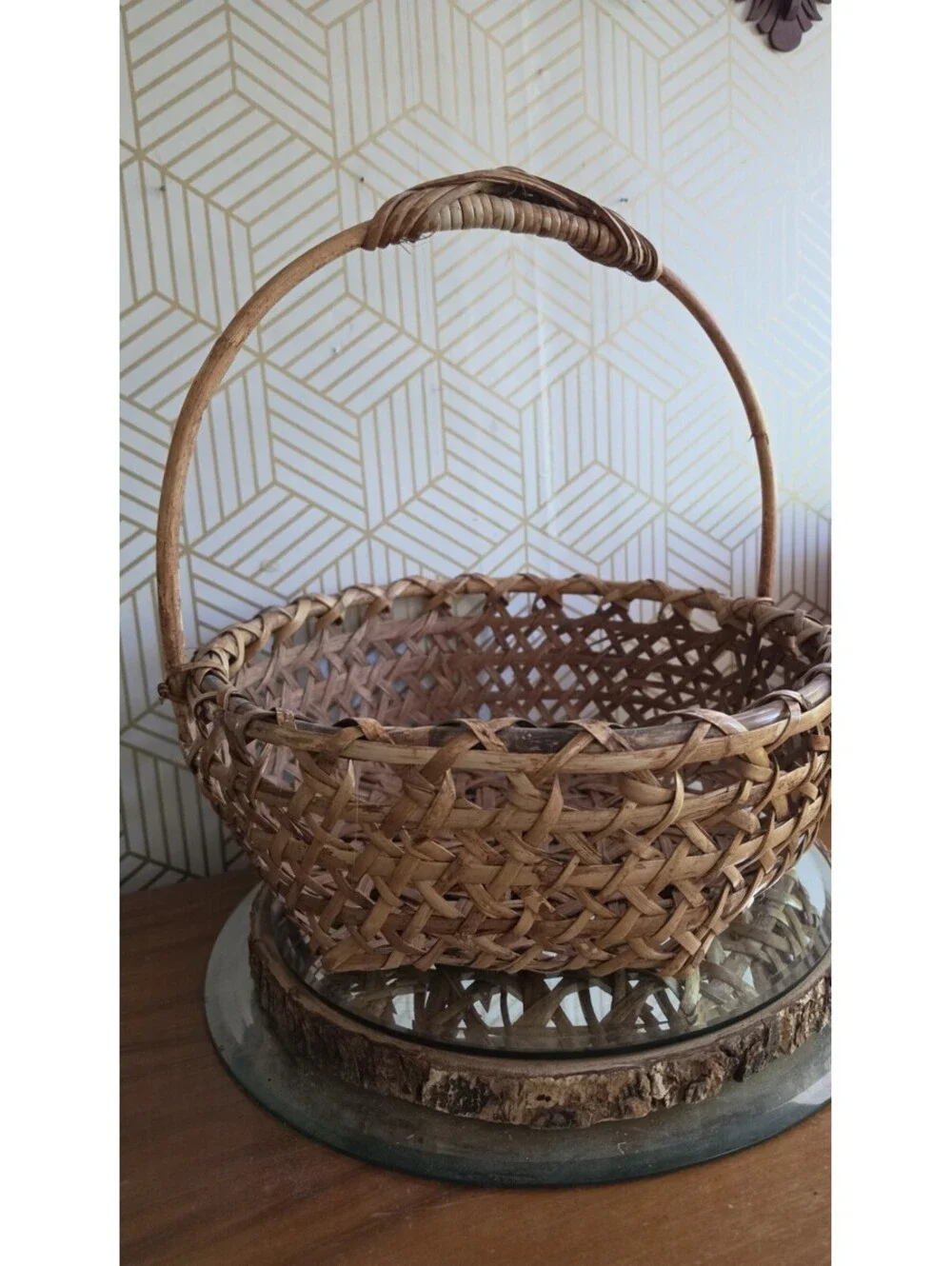 Vintage Woven Bamboo Splint and Wicker Gathering Basket Lg Arched Handle 15